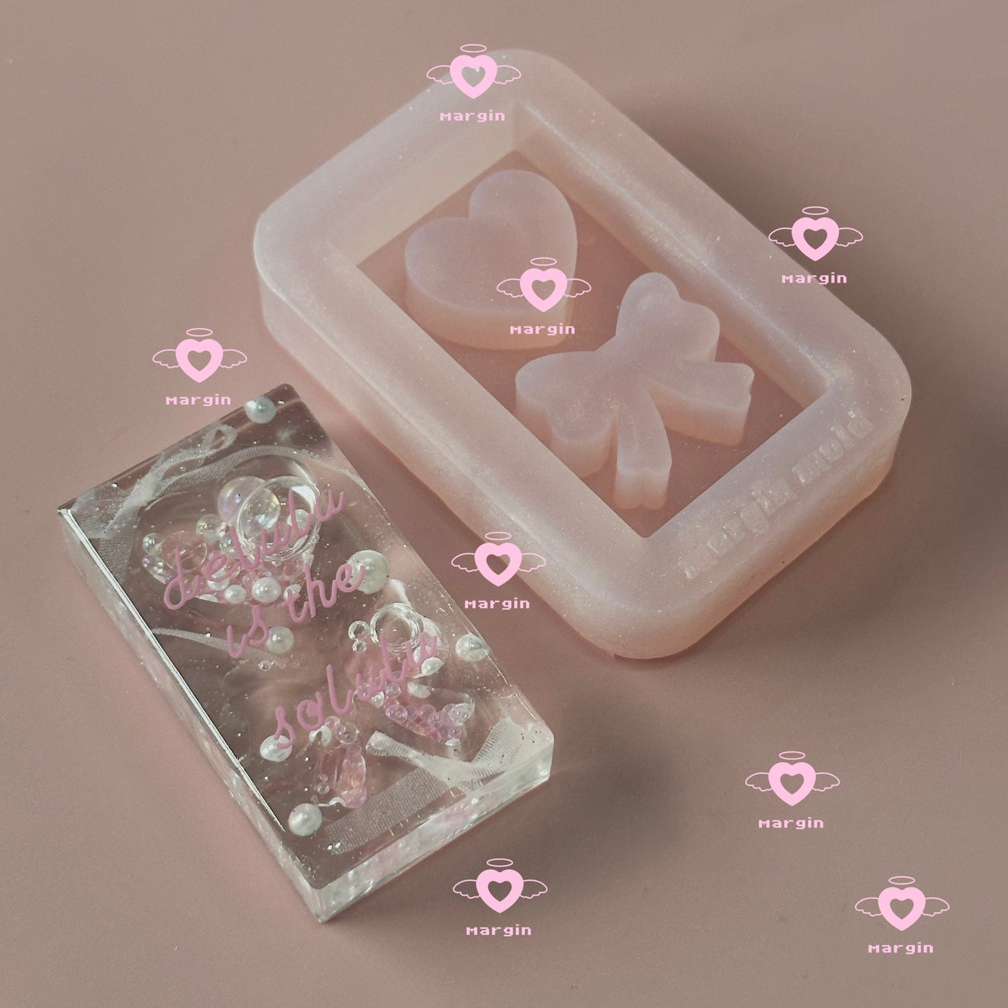 SK187 ribbon bow heart rectangular shaker mold, backed, acrylic, shiny