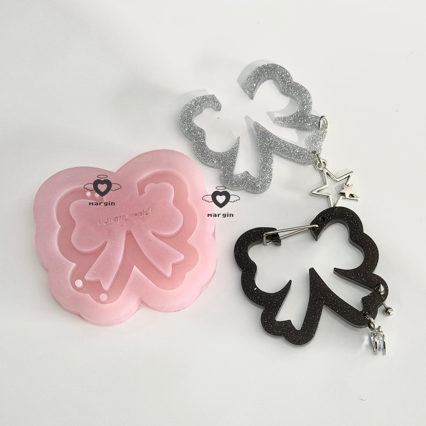 c012 carabiner mold ribbon bow with keyring holes, acrylic, shiny