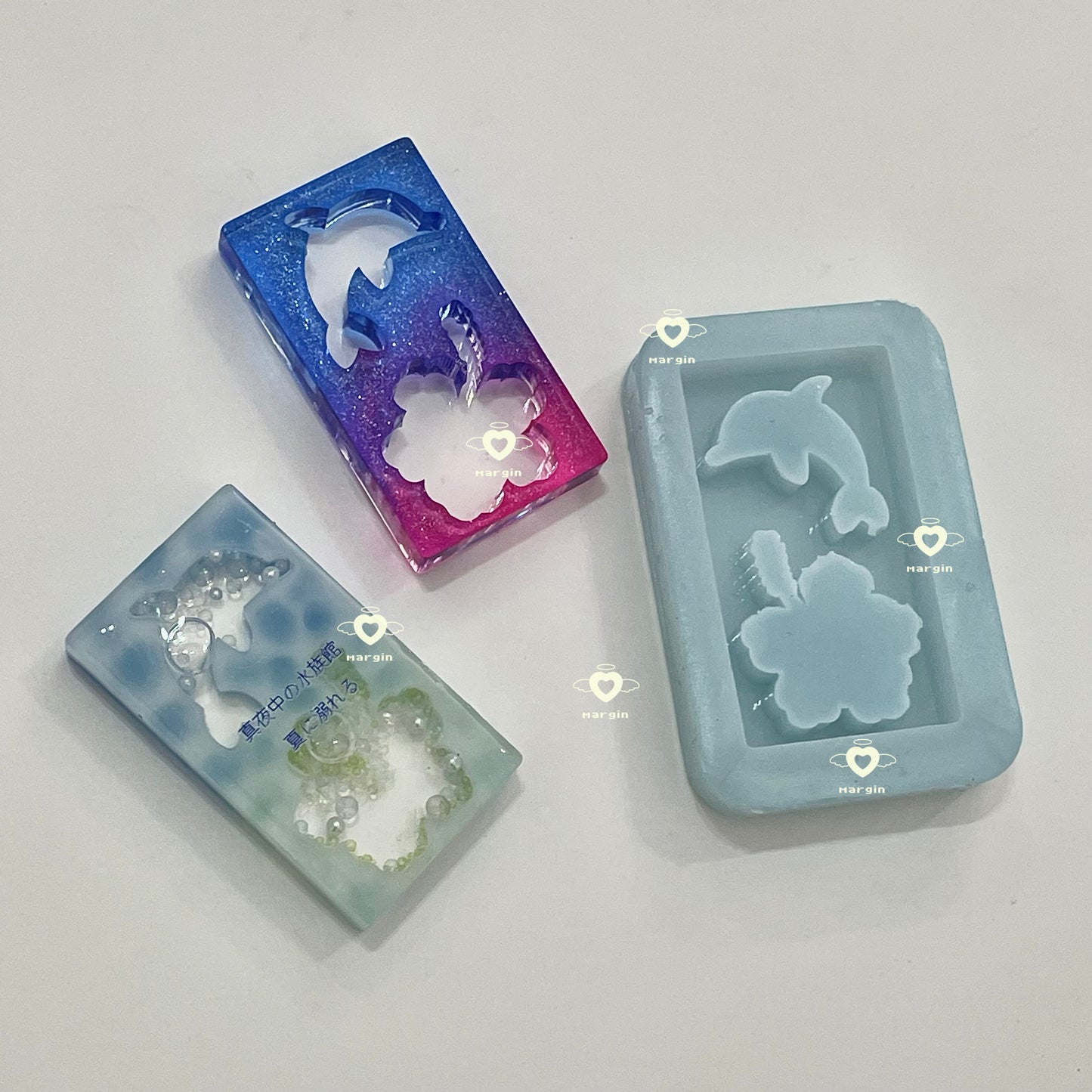 SK211 tropical summer shaker mold B-dolphin & hibiscus, backed, acrylic, shiny