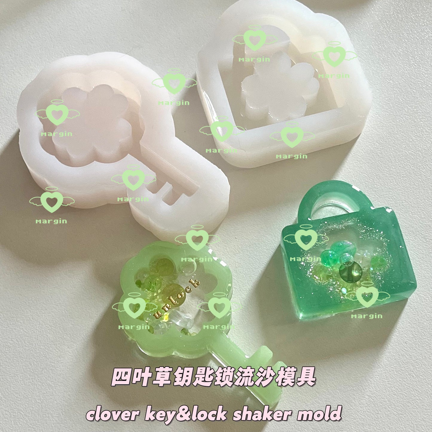 SK083 SK084 clover lock&key shaker mold, backed, acrylic, shiny