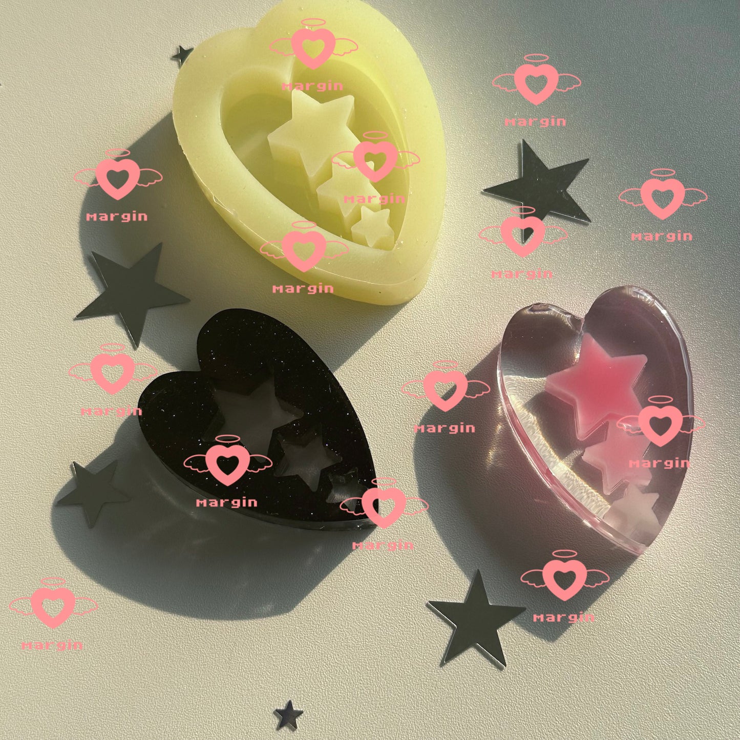 SK131 triple stars heart shaker mold, backed, acrylic, shiny