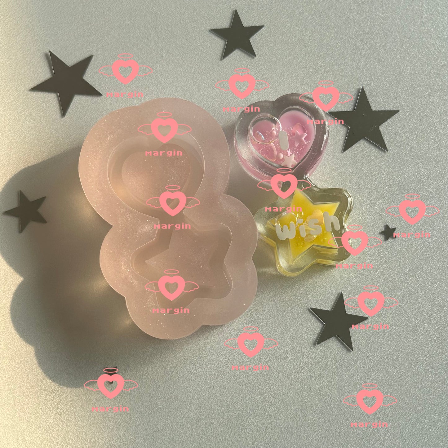 SK134 heart +star shaker mold, backed, acrylic, shiny