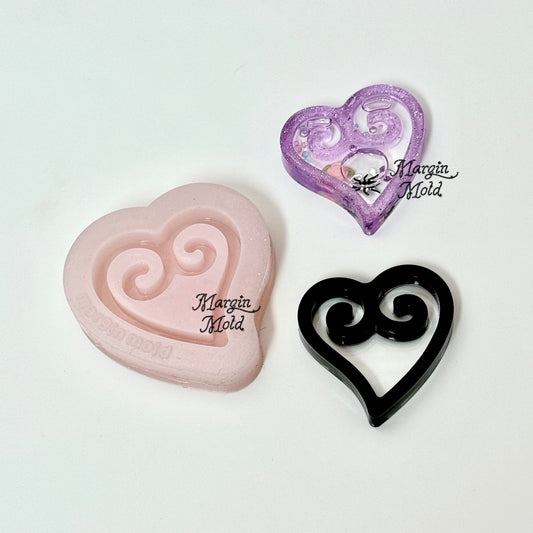 SK246 double spiral heart shaker mold, backed, acrylic, shiny