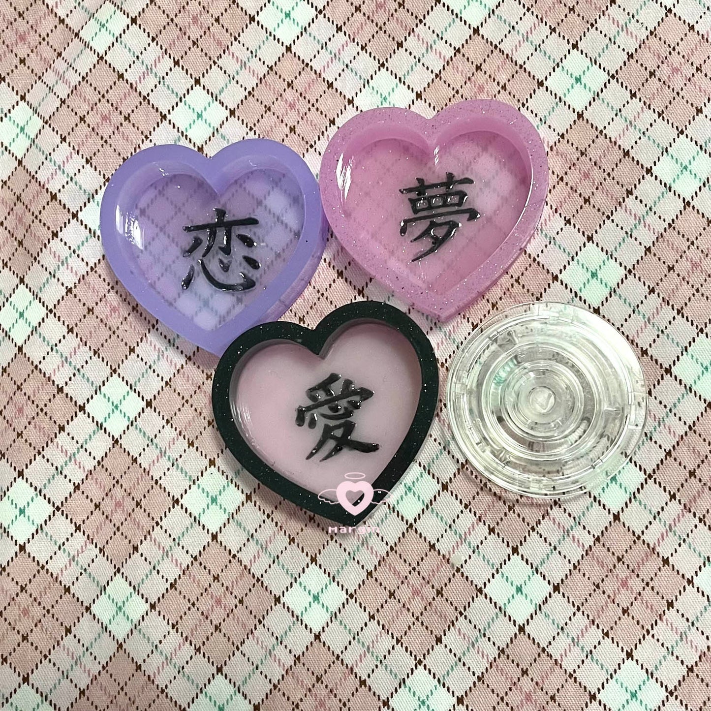 SK043 SK044 SK045 Chinese character heart shaker molds, backed, acrylic, shiny